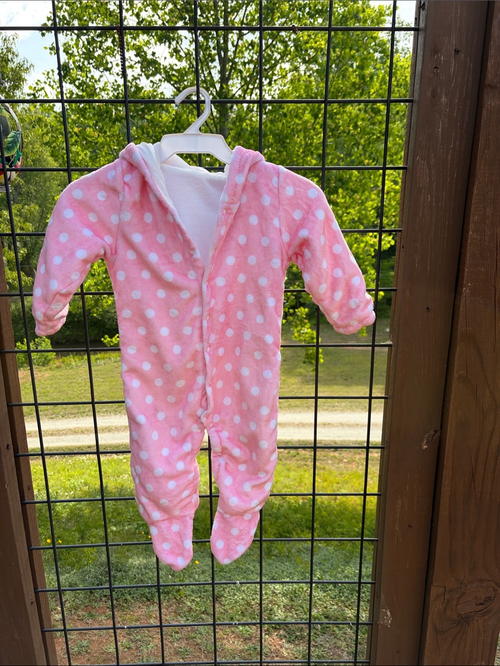 Kids Plush Pink Polka Dot Hooded Footed One-Piece